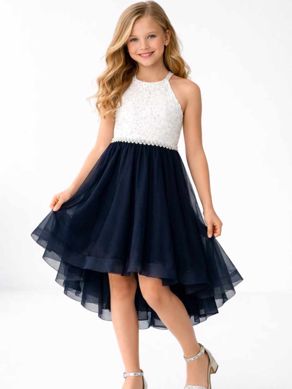 Speechless White Lace Bodice Navy Tulle Formal Dress
